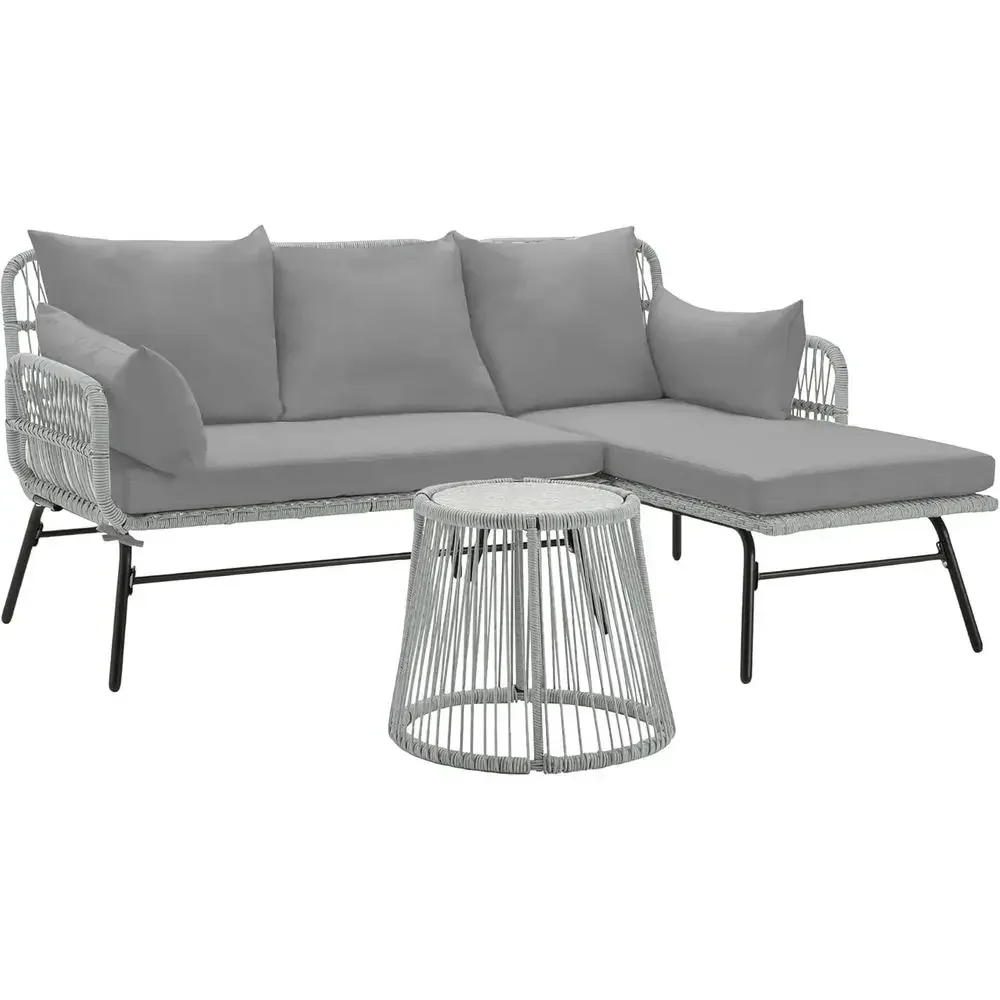 Outdoor Furniture L Shape - グレーのL字型セクショナルパティオ家具セット（クッションとガラス製コーヒーテーブル付き）屋外スペース用
