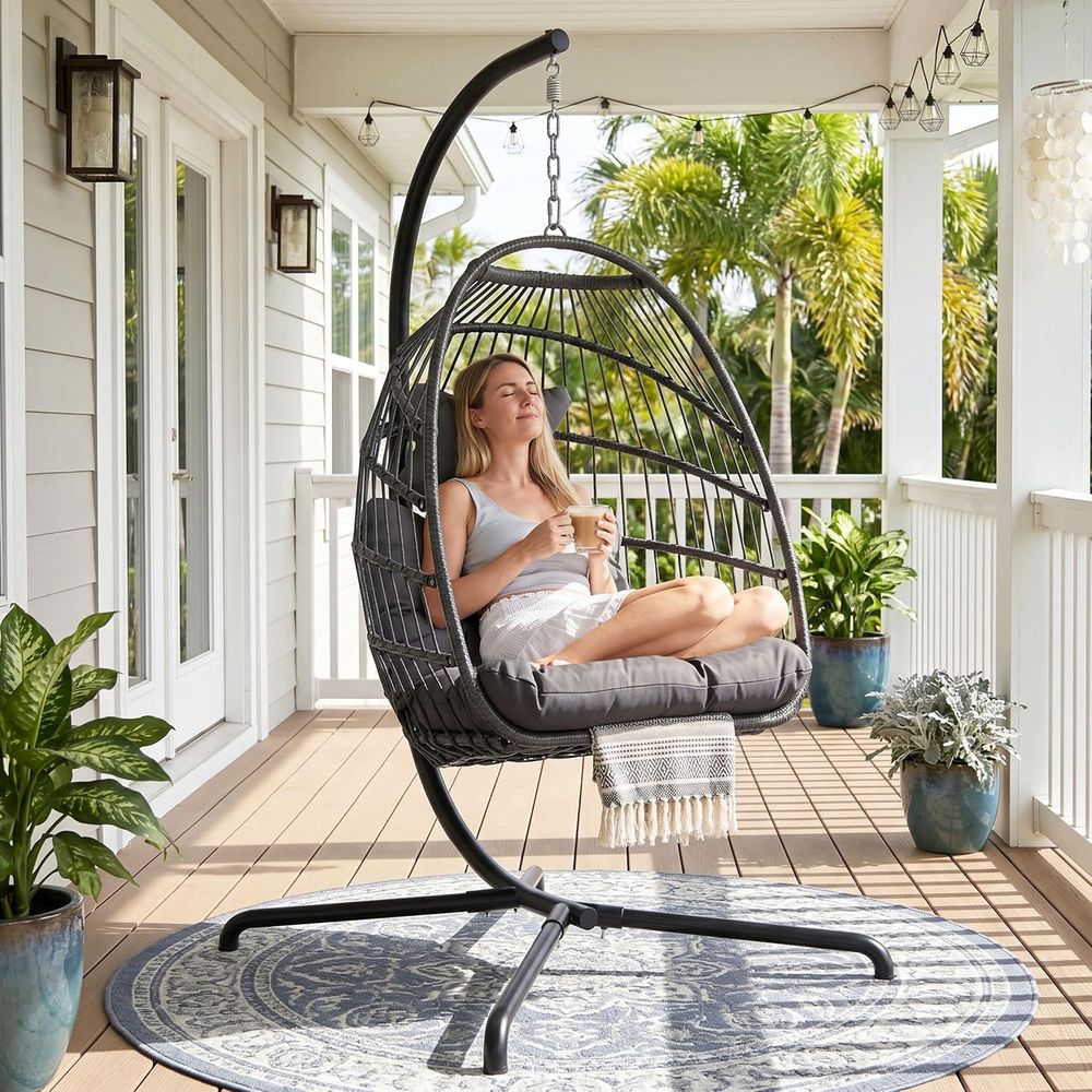 Hanging Egg Chair - 耐久性のある屋外用ハンギングエッグチェアスイング、クッション付き、耐荷重350ポンド、耐候性、バルコニーまたはデッキ用、グレー