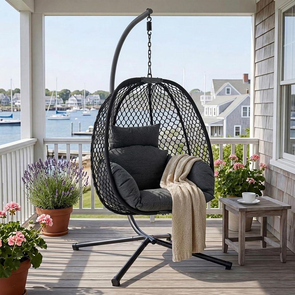 Hanging Egg Chair - 卵型チェア 屋外用スタンド付き、耐荷重400ポンド ウィッカー製ハンギングエッグスイングチェア、厚いクッション付きポーチスイングロッキングチェア、居心地の良いバスケットS