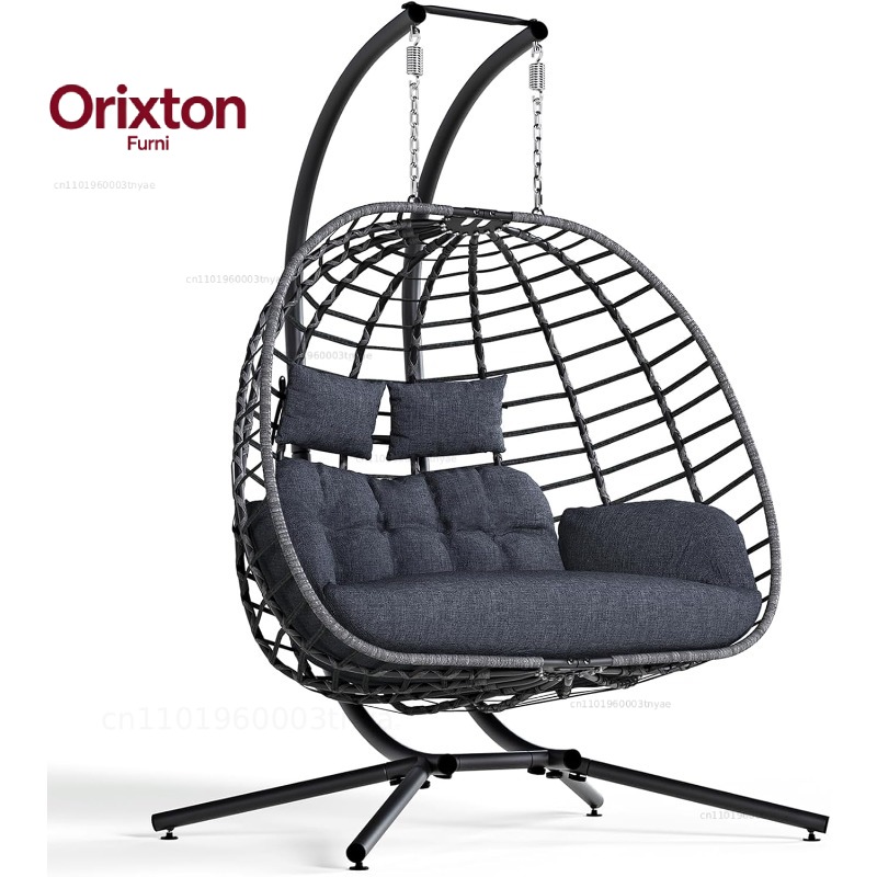 Hanging Egg Chair - ダブルエッグスイングチェア（スタンド付き）、屋外パティオ用2人掛けハンギングウィッカーハンモックチェア（クッション付き）、屋内寝室用