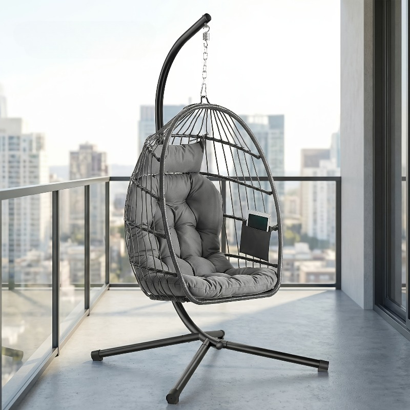 Hanging Egg Chair - スタンド付きハンギングエッグチェア – 折りたたみ式取り外し可能バスケット、高さ調節可能なスイングチェア（ポケット＆クッション付き）、屋内/屋外兼用