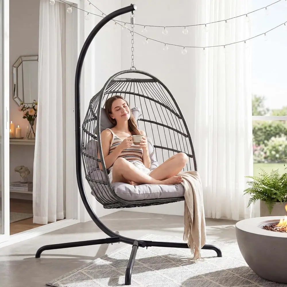 Hanging Egg Chair - 屋外屋内用ハンギングエッグチェア（スタンド付き）、クッション付き籐製スイングチェア、耐荷重350ポンド、グレー