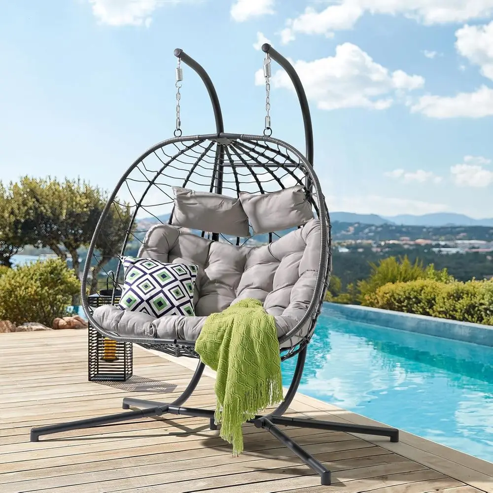 Hanging Egg Chair - 2人用ダブルエッグスイングチェア、クッションと枕付き、屋外/屋内用ウィッカーハンギングチェア、パティオ、庭、バルコニー用（ライト付き）