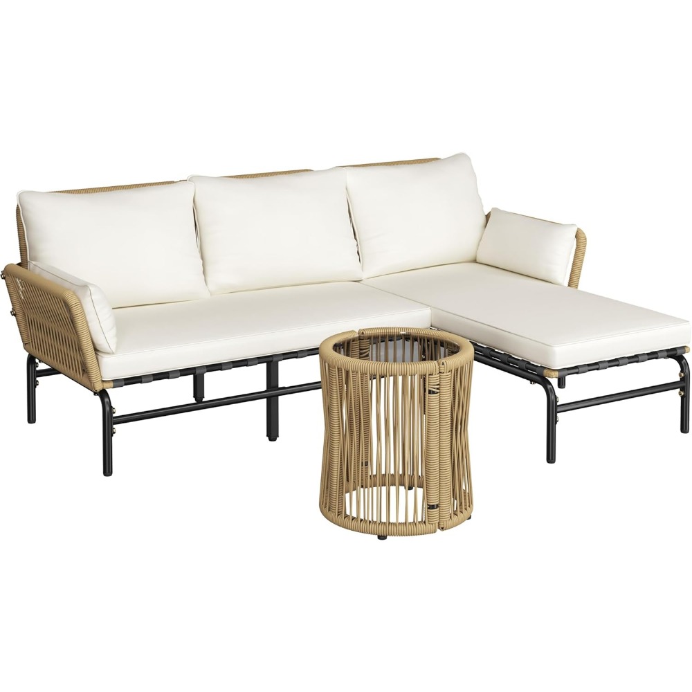 Outdoor Furniture L Shape - 3ピースL字型屋外パティオ家具セット、取り外し可能なラウンジャーとクッション付き