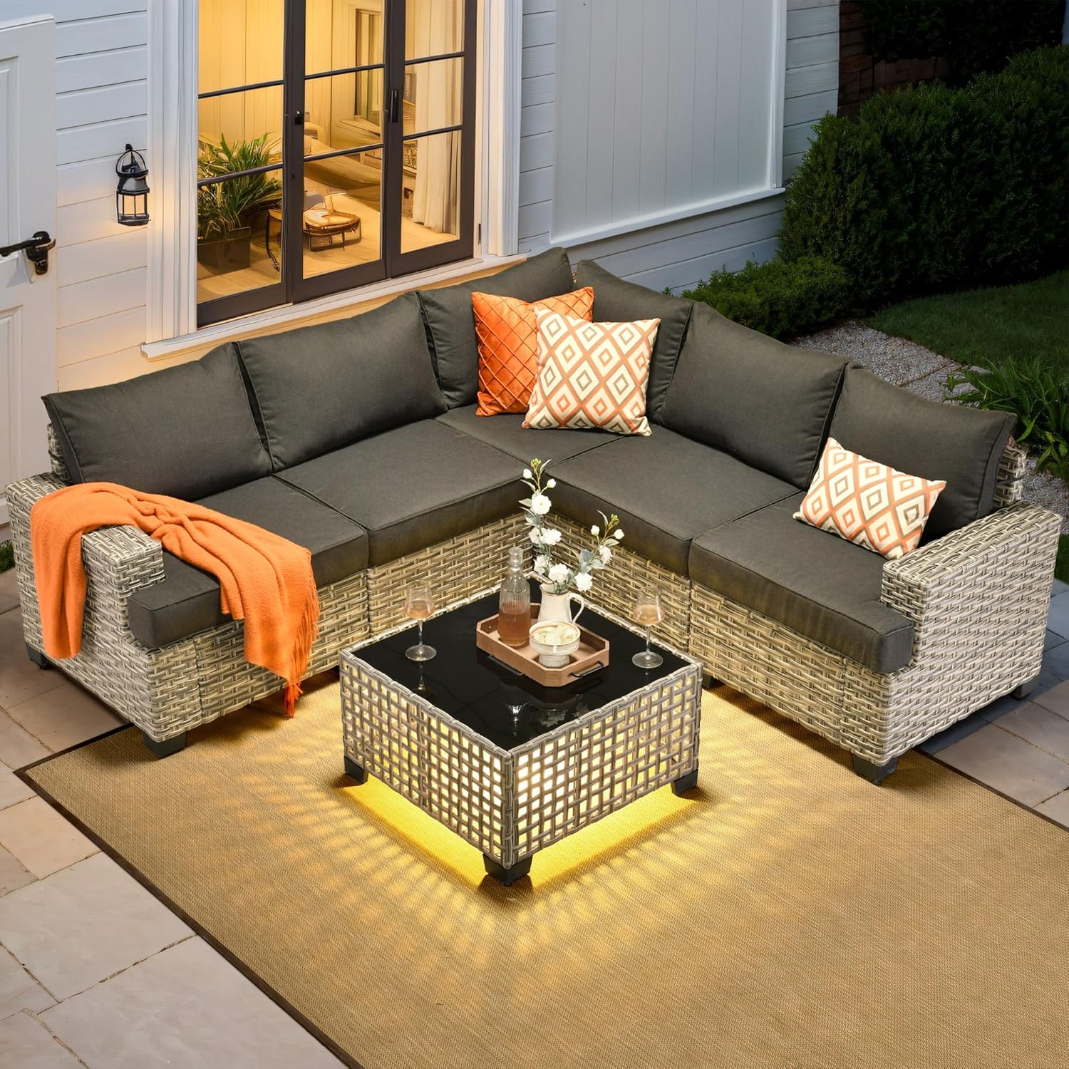 Outdoor Furniture L Shape - 屋外用セクショナルパティオ家具セット、6ピース籐製会話用セットL字型カウチ、エクストラディープ屋外用ソファ、カスタマイズ可能