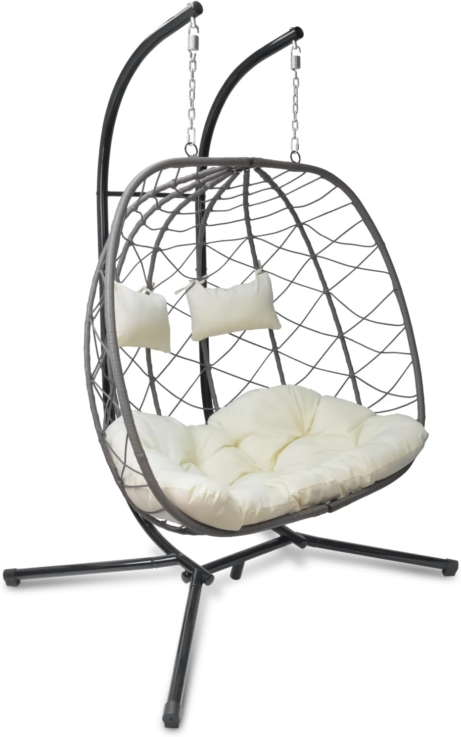 Hanging Egg Chair - スタンド付きエッグスイングチェア、屋外パティオ用2人掛けハンギングウィッカーハンモックチェア（クッション付き）、室内寝室、芝生、庭用