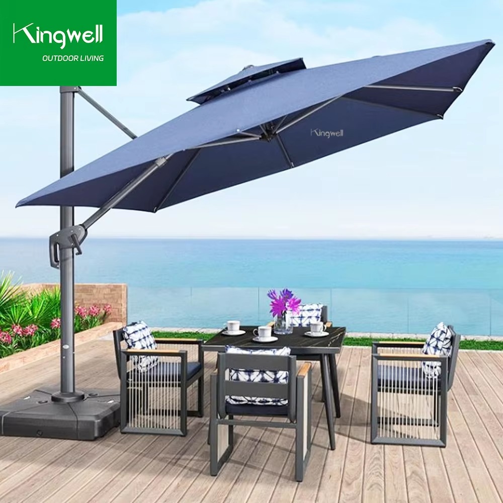 Outdoor Furniture In Bali - バリビーチダイニング用折りたたみ式防水ポリエステル製家具パティオ屋外日よけLEDライト付きプラスチックベース傘