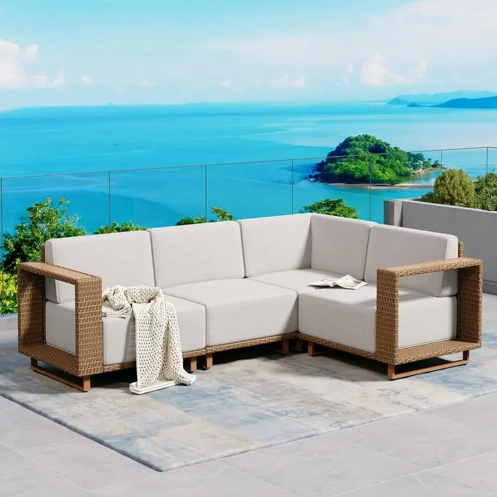 Outdoor Furniture L Shape - L字型屋外用セクショナルソファ、厚いクッション10個付き、芝生や庭用の黄色い籐製パティオ家具セット