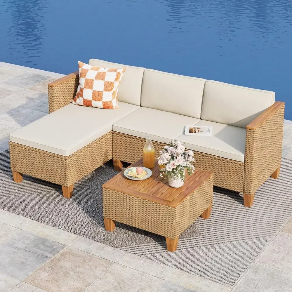Outdoor Furniture L Shape - 3ピース屋外パティオ家具セット：デッキ、ポーチ、庭用のアカシア材コーヒーテーブル付きL字型ラタンソファ