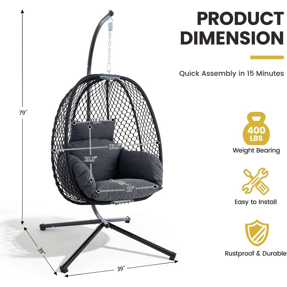 卵型チェア 屋外用スタンド付き、耐荷重400ポンド ウィッカ - Hanging Egg Chair のレビューと価格