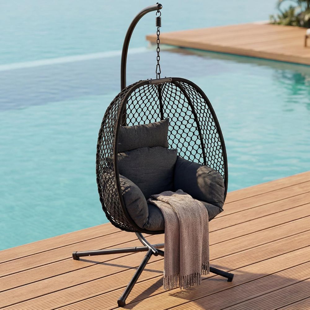 卵型チェア 屋外用スタンド付き、耐荷重400ポンド ウィッカ - Hanging Egg Chair のレビューと価格