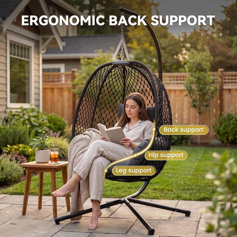 卵型チェア 屋外用スタンド付き、耐荷重400ポンド ウィッカ - Hanging Egg Chair のレビューと価格