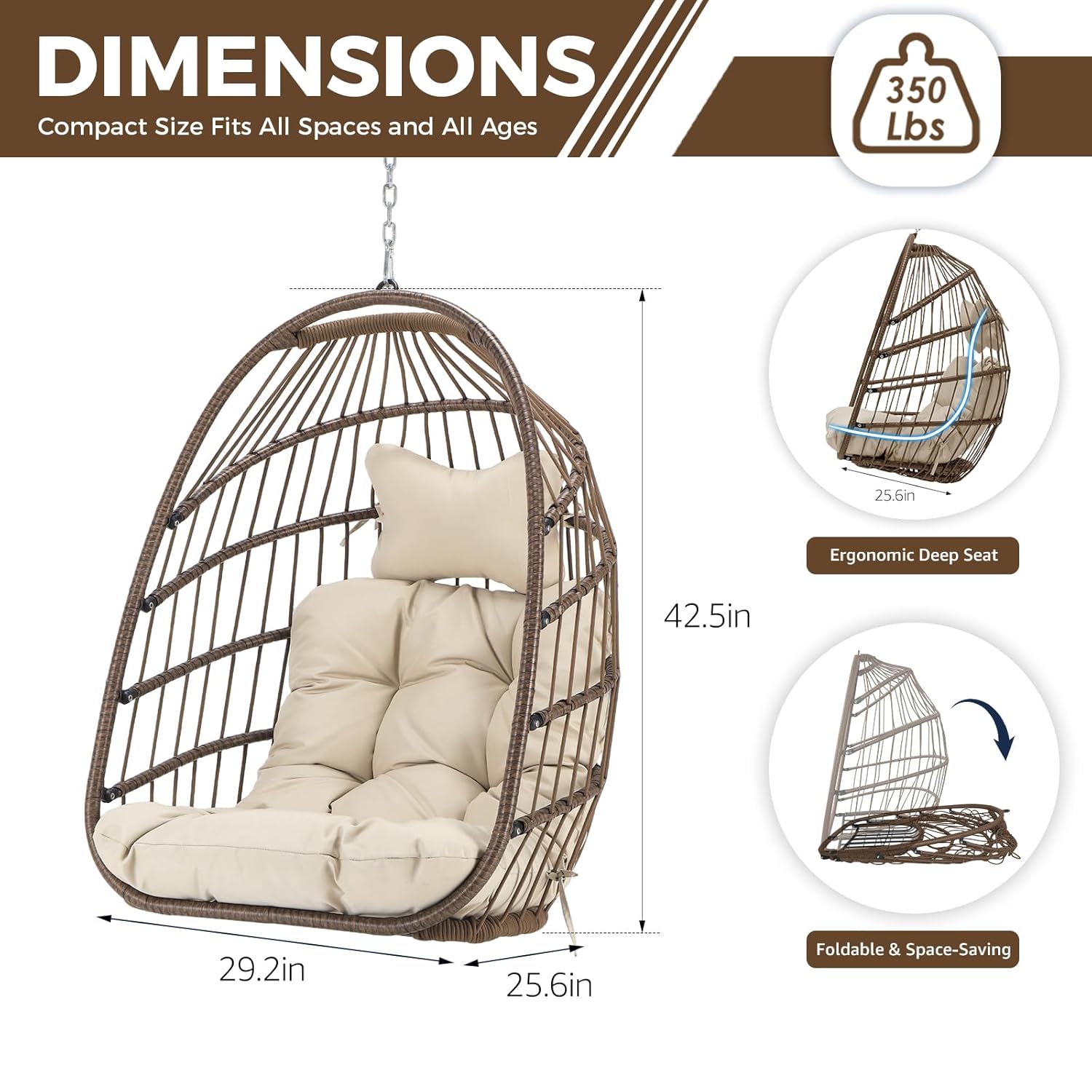 スタンドなしの屋外用ハンギングエッグチェア、パティオ用ウィッ - Hanging Egg Chair のレビューと価格