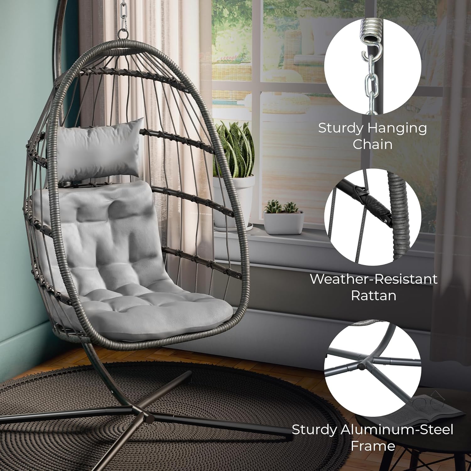 スタンド付きハンギングエッグチェア、耐荷重350ポンド、寝室 - Hanging Egg Chair のレビューと価格