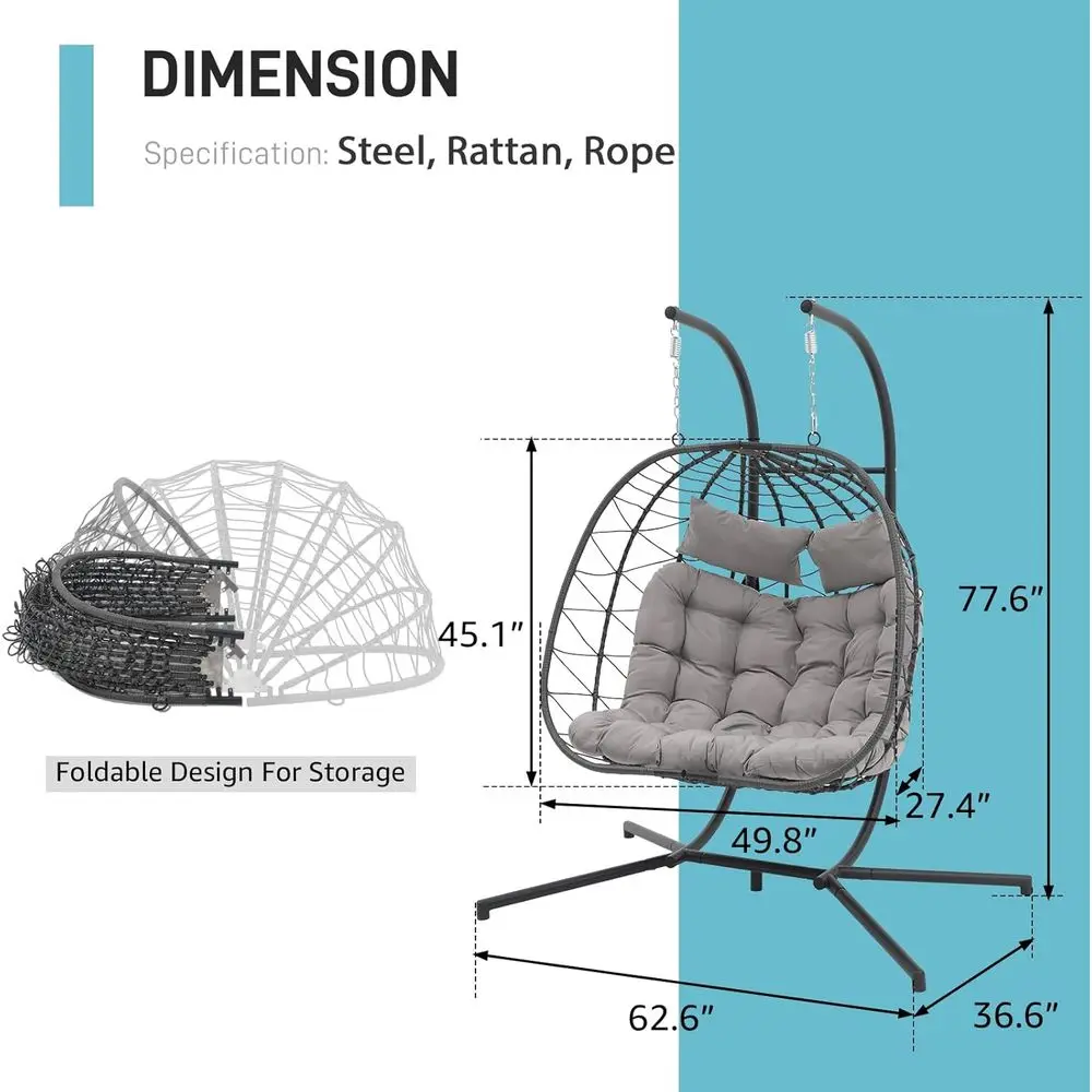 2人用ダブルエッグスイングチェア、クッションと枕付き、屋外/ - Hanging Egg Chair のレビューと価格