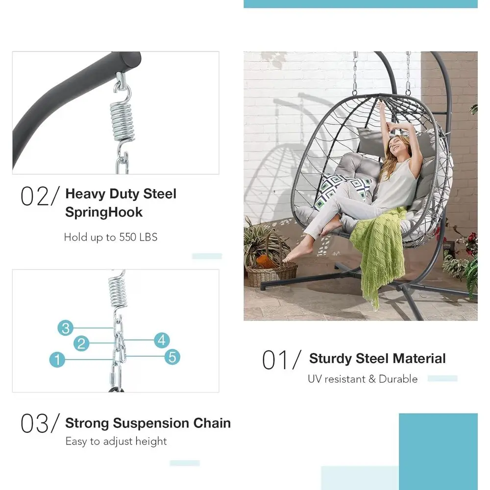 2人用ダブルエッグスイングチェア、クッションと枕付き、屋外/ - Hanging Egg Chair のレビューと価格