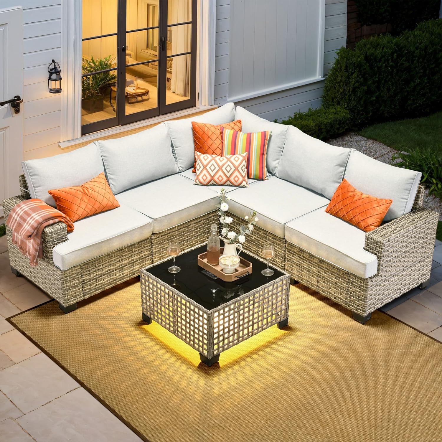 屋外用セクショナルパティオ家具セット、6ピース籐製会話用セッ - Outdoor Furniture L Shape のレビューと価格