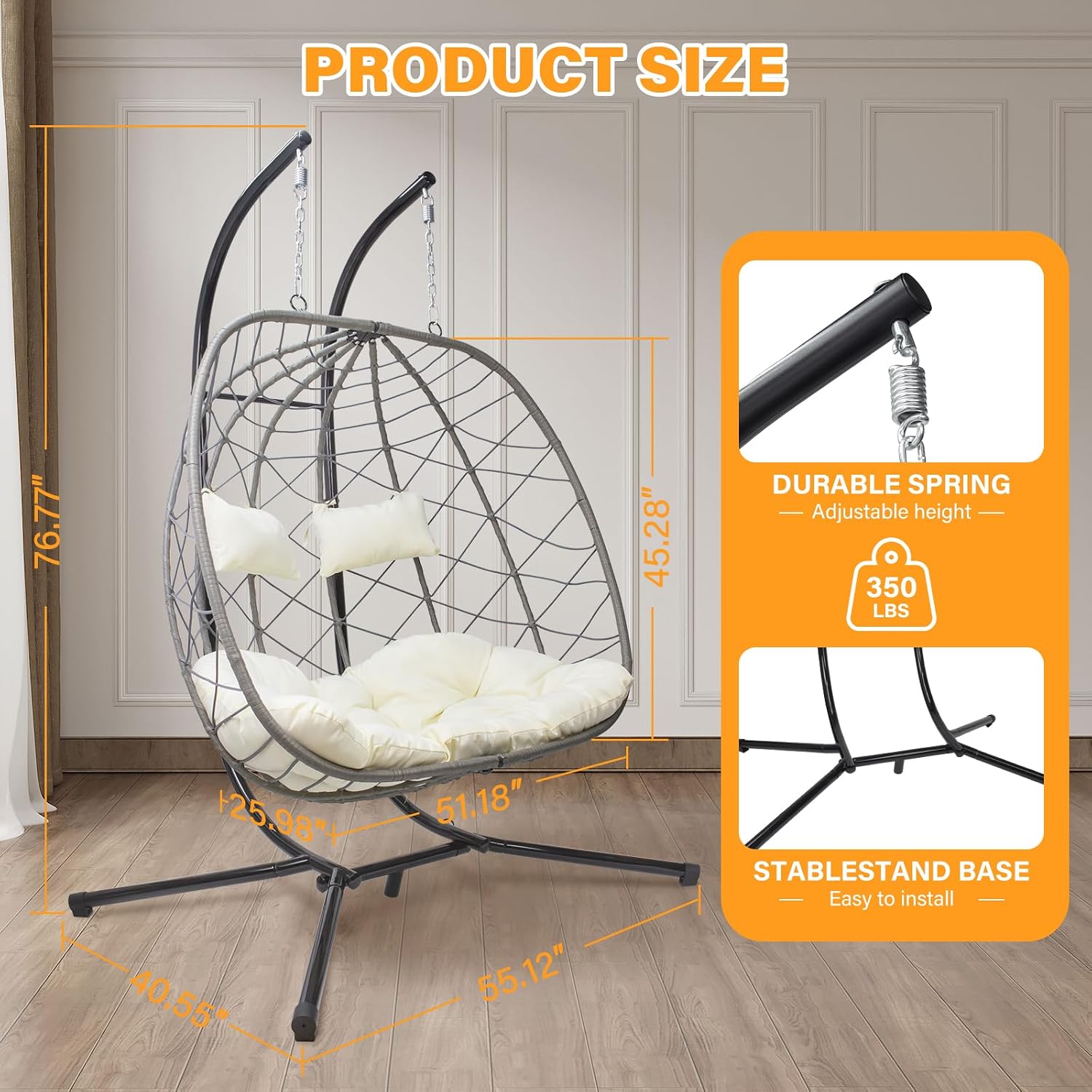 スタンド付きエッグスイングチェア、屋外パティオ用2人掛けハン - Hanging Egg Chair のレビューと価格