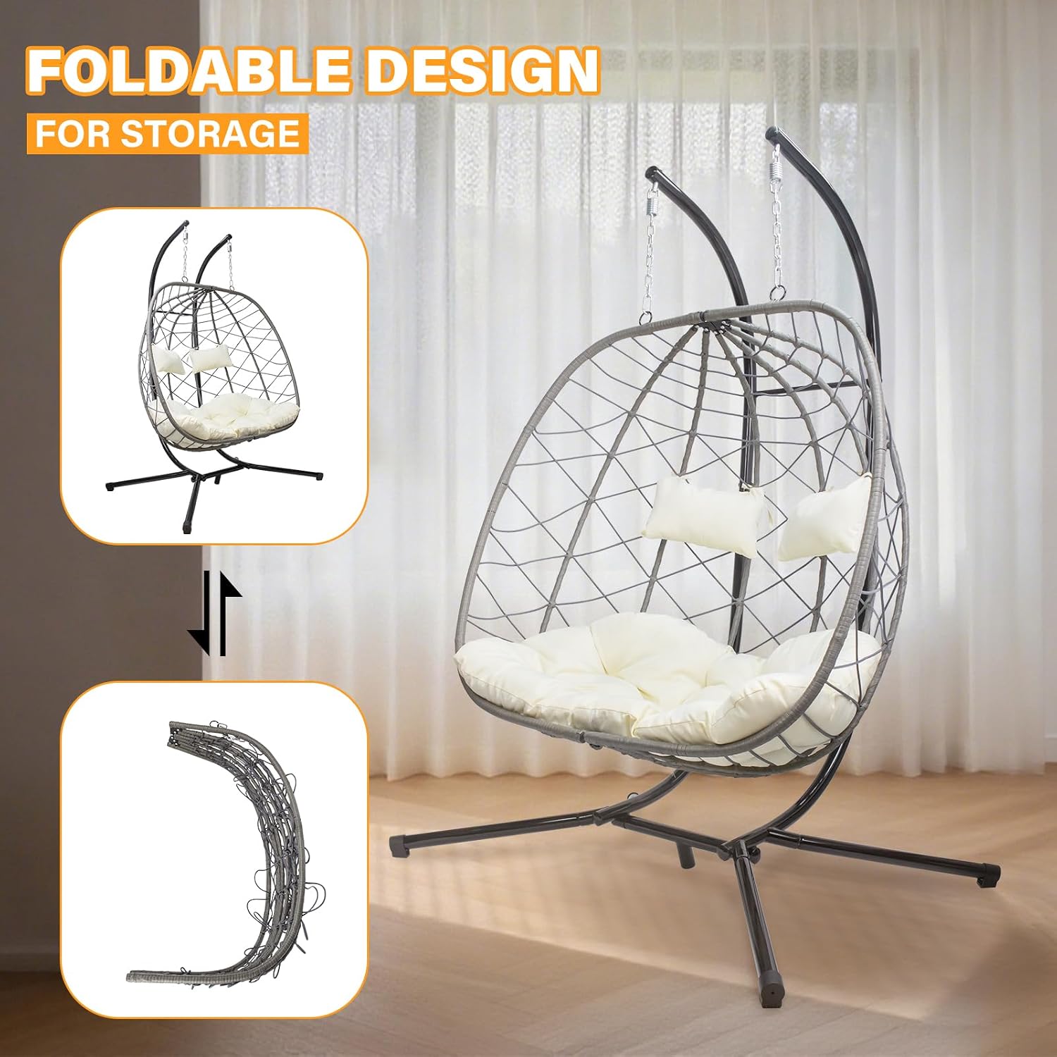 スタンド付きエッグスイングチェア、屋外パティオ用2人掛けハン - Hanging Egg Chair のレビューと価格