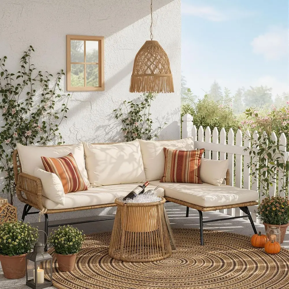 ボヘミアンスタイルのパティオ家具セット、クッション付き、屋外 - Outdoor Furniture L Shape のレビューと価格